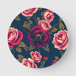 Marineblaue Vintage-Blumen-Korallenrosen Goldene B Runde Wanduhr
