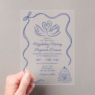 Marineblaue Vintage-Handschwanenschleifen-Hochzeit Acryleinladungen