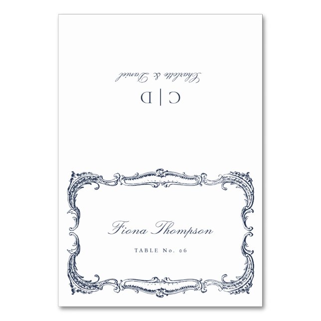 Marineblaue Vintage-Klassiker-Script-Karten zum Fa Tischnummer (Vorderseite)