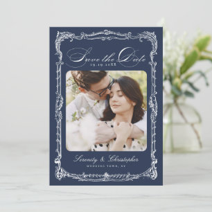 Marineblaue Vintage-Rahmen-Klassische Schrift Hoch Save The Date