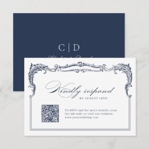 Marineblaue Vintage-Rahmen-Klassische Schrift QR-C RSVP Karte