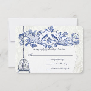 Marineblaue Vogelkäfig-Eiche Vintage Vögel Hochzei RSVP Karte