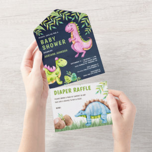 Marineblaue Wasserfarbe Süße Dinosaurier Babyparty All In One Einladung