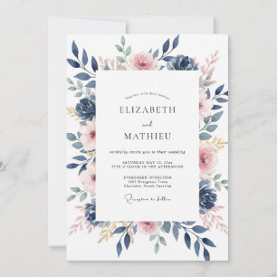 Marineblaue Wasserfarben-Hochzeit mit Rosa Blüten Einladung