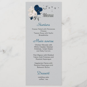 marineblaue weiße Blumen silberne Blätter Hochzeit Menükarte