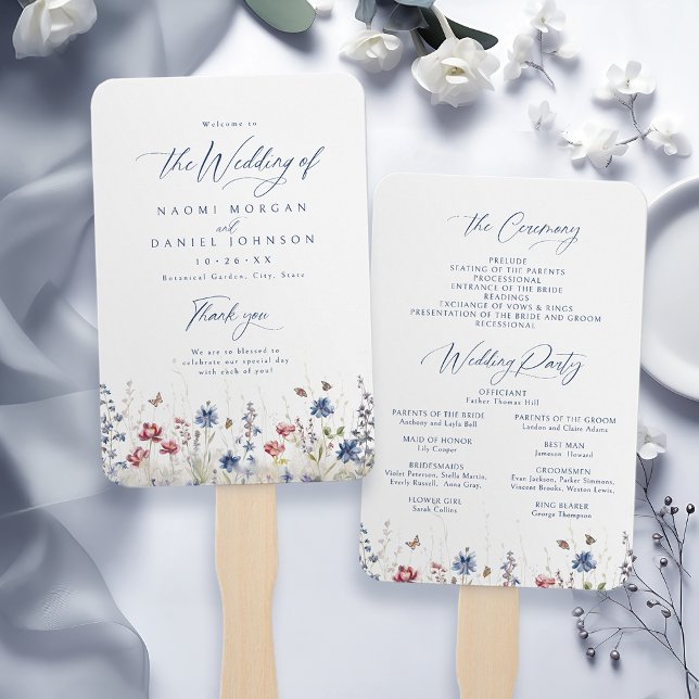 Marineblaue Wildblumen-Rustikal-Hochzeitsprogramme Fächer (Navy Blue Wildflower Rustic Wedding Programs Hand Fan)
