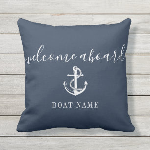 Marineblaue Willkommens an Bord Bootsname Anker Kissen