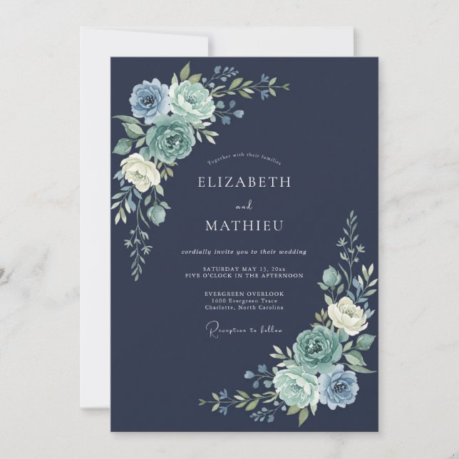 Marineblaue Winterhochzeit mit Blumen Einladung (Vorderseite)