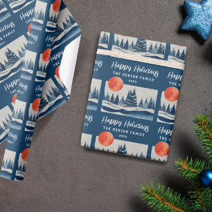 Marineblaue Winterlandschaft Wald Mond Zeichnung  Geschenkpapier