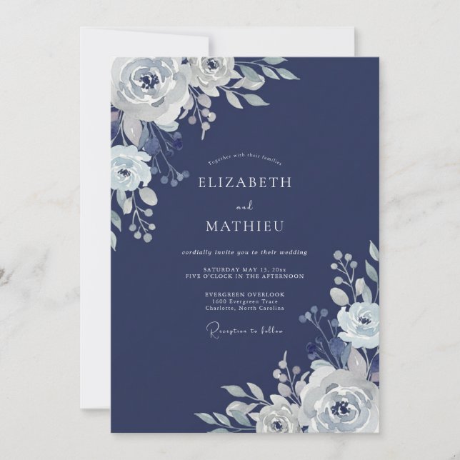 Marineblaue winterliche Hochzeit Einladung (Vorderseite)