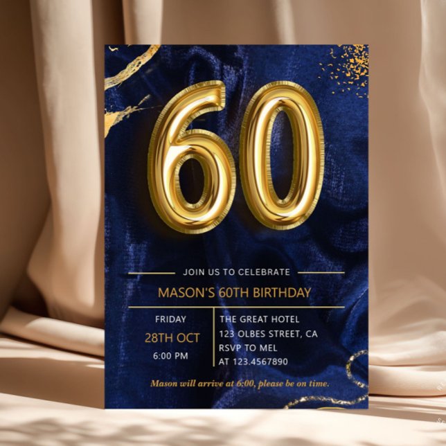 Marineblauer Gold Glitter 60. Geburtstag Einladung (Navy blue and gold glitters surprise 60th birthday party invitation. Elegant modern design featuring)