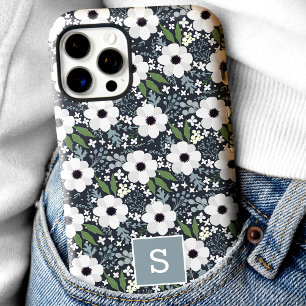 Marineblaues florales Monogramm iPhone 16 Pro Hülle