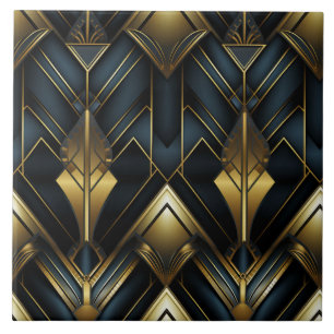 Marineblaues und goldenes Art Deco-Spitzenornament Fliese