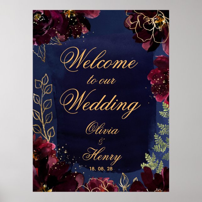 Marinebordeaux Willkommen bei unserer Hochzeit von Poster (Vorne)