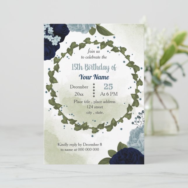 Marinebrause Blumen Grünpflanzen Geburtstagsparty Einladung (Stehend Vorderseite)