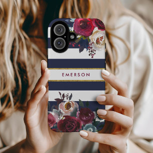 Marineburgund- und Gold-Boho-Blumenstreifen-Monogr iPhone 16 Hülle