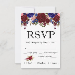 Marineburgunder Blumen-Aquarell-RSVP-Hochzeitsmenü RSVP Karte