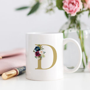 Marineburgunder-Wasserfarben-Monogramm mit florale Kaffeetasse