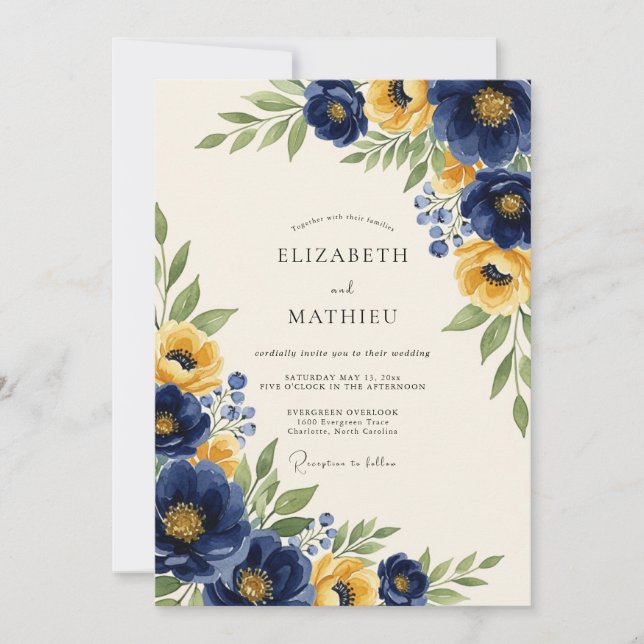 Marinegelbe klassische botanische Hochzeit Einladung (Vorderseite)
