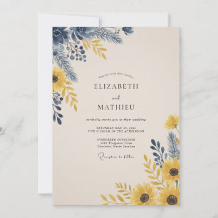 Marinegelbe Sonnenblumen-Eukalyptus-Hochzeit Einladung