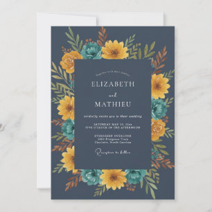 Marinegoldene Aquarell-Blumenhochzeit Einladung