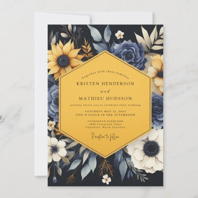 Marinegoldene botanische Hochzeit Einladung (Vorderseite)