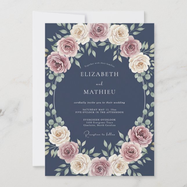 Marinehochzeit mit üppiger Rose Einladung (Vorderseite)