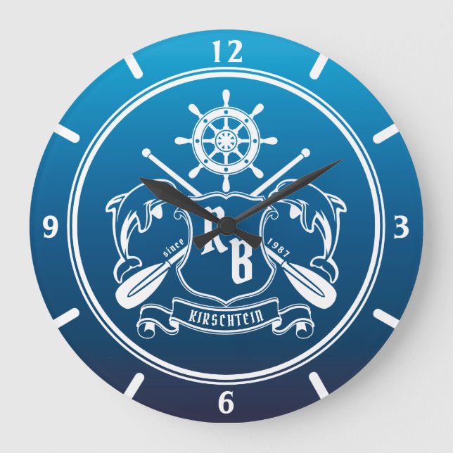 Marineinsignie-Delphin-Helm-Ruder-Schild nautisch Große Wanduhr (Vorderseite)