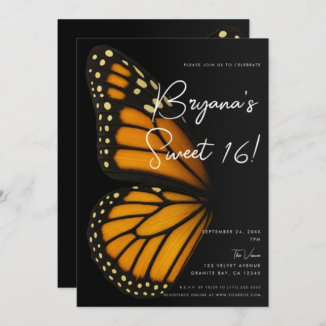 Mariposa Monarch Butterfly Sweet 16 Einladung (Vorne/Hinten)
