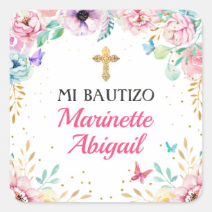 Mariposas Chicas del bautismo y flosas rosas Quadratischer Aufkleber