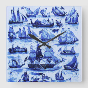 MARITIM, ALTE SCHIFFE, SEGELSCHIFFE, Marineblau Quadratische Wanduhr