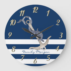 Maritim, Anker-Delfin Navy Blau Gestreift Große Wanduhr