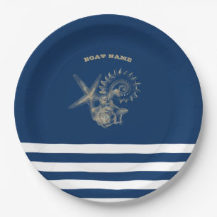 Maritim, Goldene Muscheln Navyblaue Streifen Pappteller