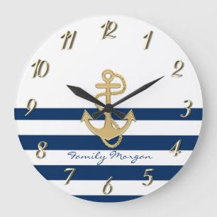 Maritim,Goldener Anker auf Marineblauen Streifen Große Wanduhr