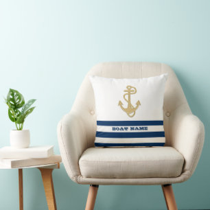 Maritim, Goldener Anker Marineblau Weiße Streifen Kissen