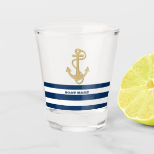 Maritim, Goldener Anker Marineblau Weiße Streifen Schnapsglas
