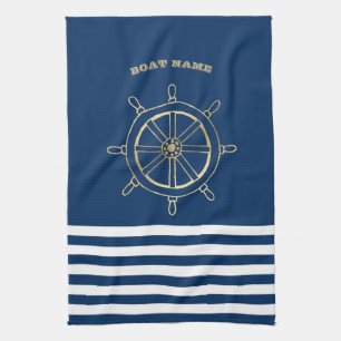 Maritim, Goldenes Bootssteuerrad, Navyblaue Streif Geschirrtuch