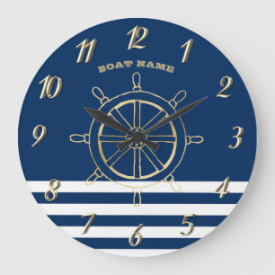 Maritim, Goldenes Bootssteuerrad, Navyblaue Streif Große Wanduhr