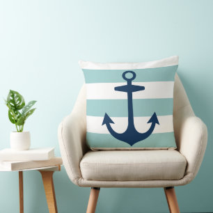 Maritime Marine Anker Seafoam Weiße Streifen Kissen