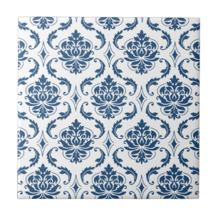 Maritime Marineblau-Weiß Vintage-Damaskmuster Fliese