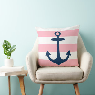 Maritime Navy-Anker Rosa Weiße Streifen Kissen