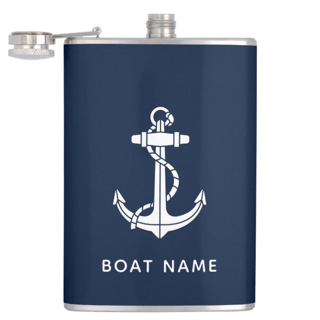 Maritime Navy Blau Anker Boot Name Benutzerdefinie Flachmann (Geöffnet)