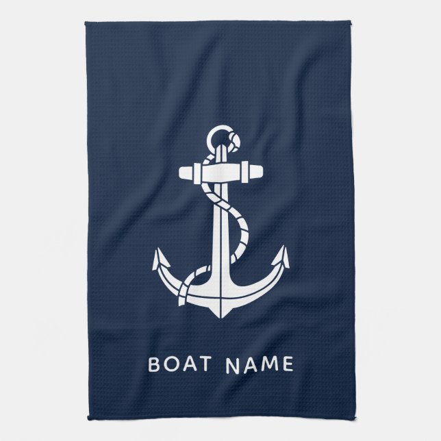 Maritime Navy Blau Anker Boot Name Benutzerdefinie Geschirrtuch (Vertikal)