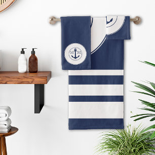 Maritime Navy Blau Weiße Streifen Anker Monogramm Badhandtuch Set