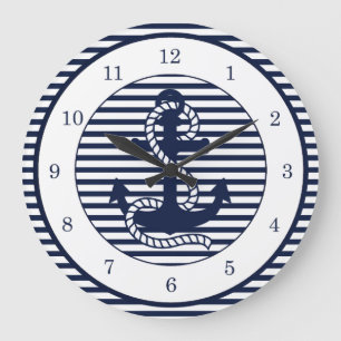 Maritime Navy Blau Weiße Streifen und Blaues Anker Große Wanduhr