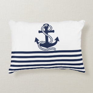 Maritime Navy Blau Weiße Streifen und Blaues Anker Zierkissen