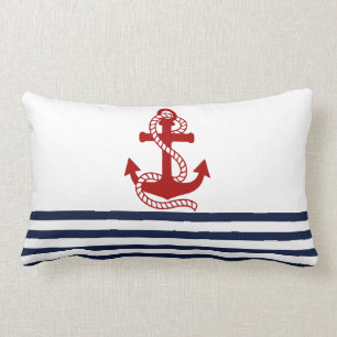 Maritime Navy Blau Weiße Streifen und roter Anker Lendenkissen
