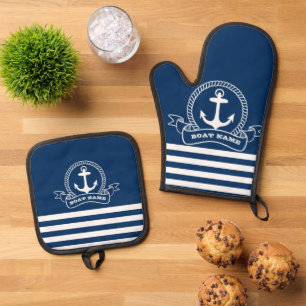 Maritimer Anker Marineblau gestreift Ofenhandschuh & Topflappen-Set