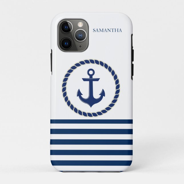 Maritimer Schiffsname, Anker Navy Blau Gestreift Case-Mate iPhone Hülle (Rückseite)