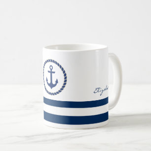 Maritimer Schiffsname, Anker Navy Blau Gestreift Kaffeetasse